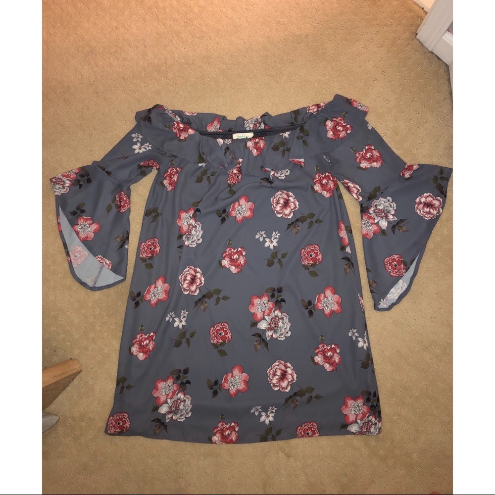 Off the shoulder gray/blue/floral dress